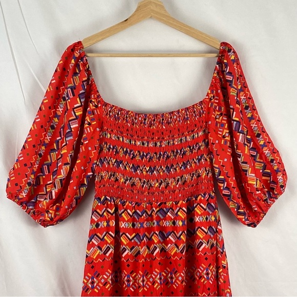 A. Calin By Flying Tomato Bohemian Smocked Tiered Bubble Puff Sleeve Dress Large - Picture 3 of 16
